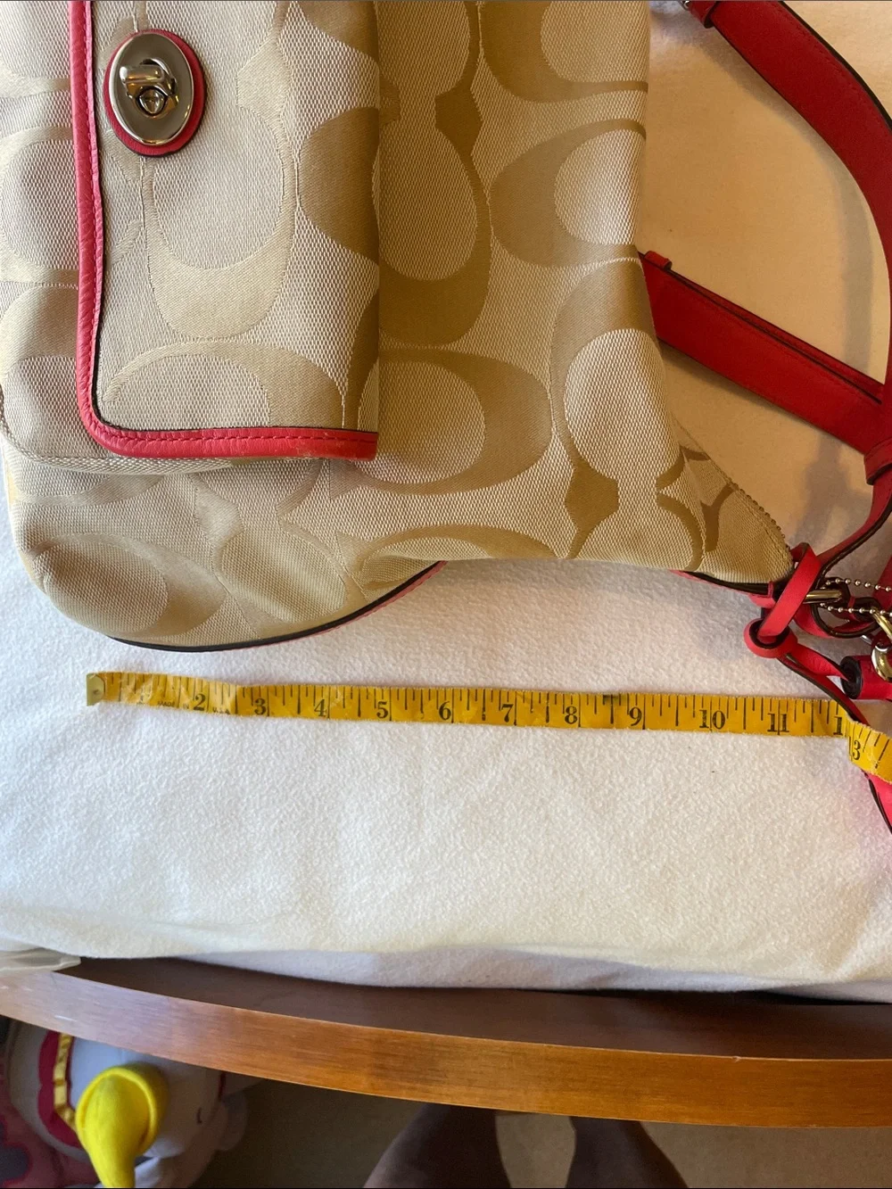 Coach Beige Gold and Canvas Crossbody with Coral Leather Trim